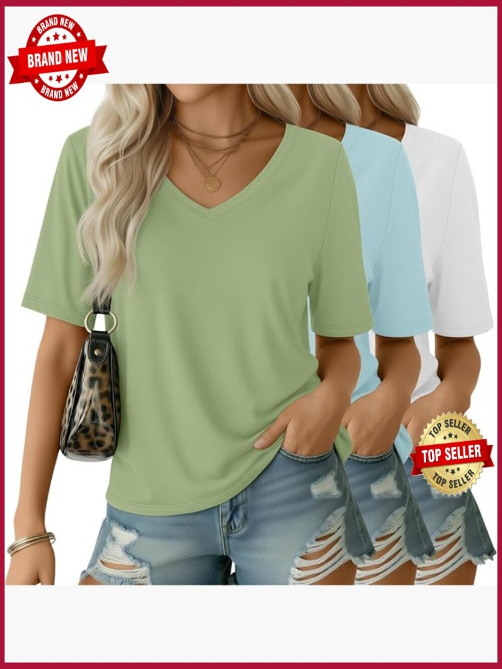 3pk Women's V-Neck Short Sleeve Tees Loose Fit Cotton Blend Basic T-Shirts